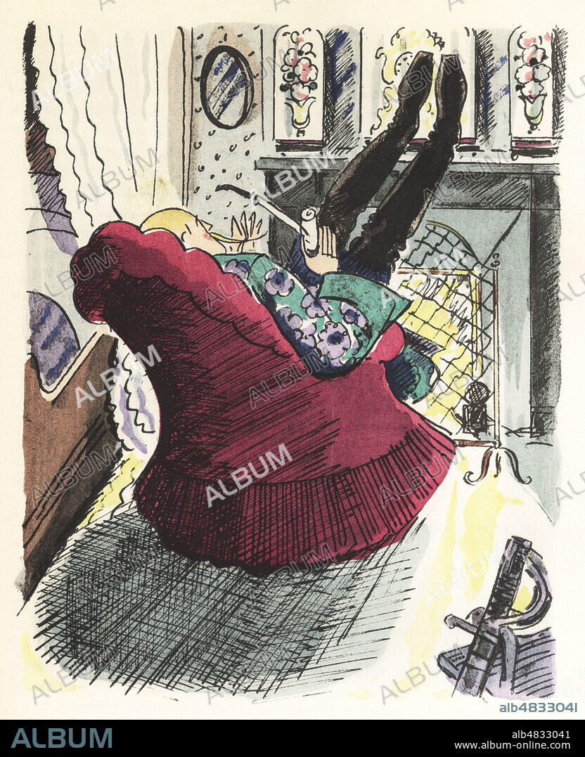 BOULE DE SUIF : Cornudet fumant sa pipe en ecume, attendant que la diligence soit prete. Nouvelle de Guy de MAUPASSANT, Illustration de Pierre FALKE (1884-1947) , in Oeuvres Completes de MAUPASSANT (en 15 volumes) , edition Librairie de France, 1935, Exemplaire Original conserv dans nos collections. Credit Collection KHARBINE TAPABOR.