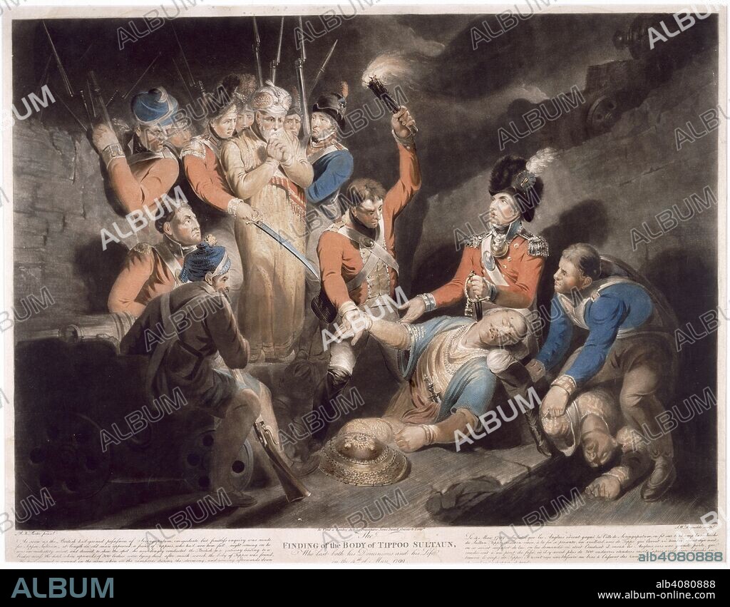 SAMUEL WILLIAM REYNOLDS. Finding the body of Tipu. London, 1800. Finding the Body Of Tippoo Sultan'. Coloured engraving.  Originally published/produced in London, 1800. . Source: P428,.