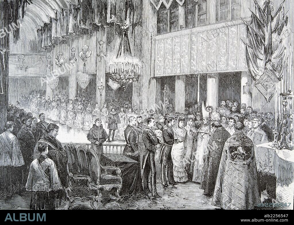 ALFONSO XII. REY DE ESPAÑA. 1857 - 1885. BODA DE ALFONSO XII CON MERCEDES DE ORLEANS EN LA BASILICA DE ATOCHA DE MADRID EN EL AÑO 1878. GRABADO L ¿ILLUSTRATION.