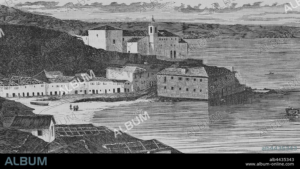 Spain, Galicia, Vigo. Panoramic of the Berbes Banks. The slaughterhouse and the San Francisco convent at the background. Engraving by Serrano. Cronica General de Espa–a. Historia Ilustrada y Descriptiva de sus Provincias. Galicia, 1866.