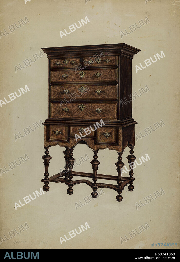 ISADORE GOLDBERG. Highboy. Dated: c. 1937. Dimensions: overall: 35.4 x 24.9 cm (13 15/16 x 9 13/16 in.)  Original IAD Object: 67"high; 38 1/2"wide; 22"deep. Medium: watercolor, colored pencil, pen and ink, and graphite on paperboard.