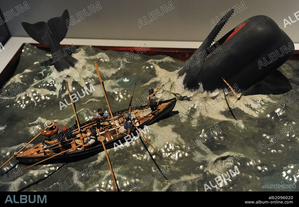 HISTORIA DE LA CAZA. ESCENA DE CAZA, hacia 1850. Cachalote capturado en las aguas del norte de América, con arpones. Diorama. Deutsches Technikmuseum. Berlin. Alemania.