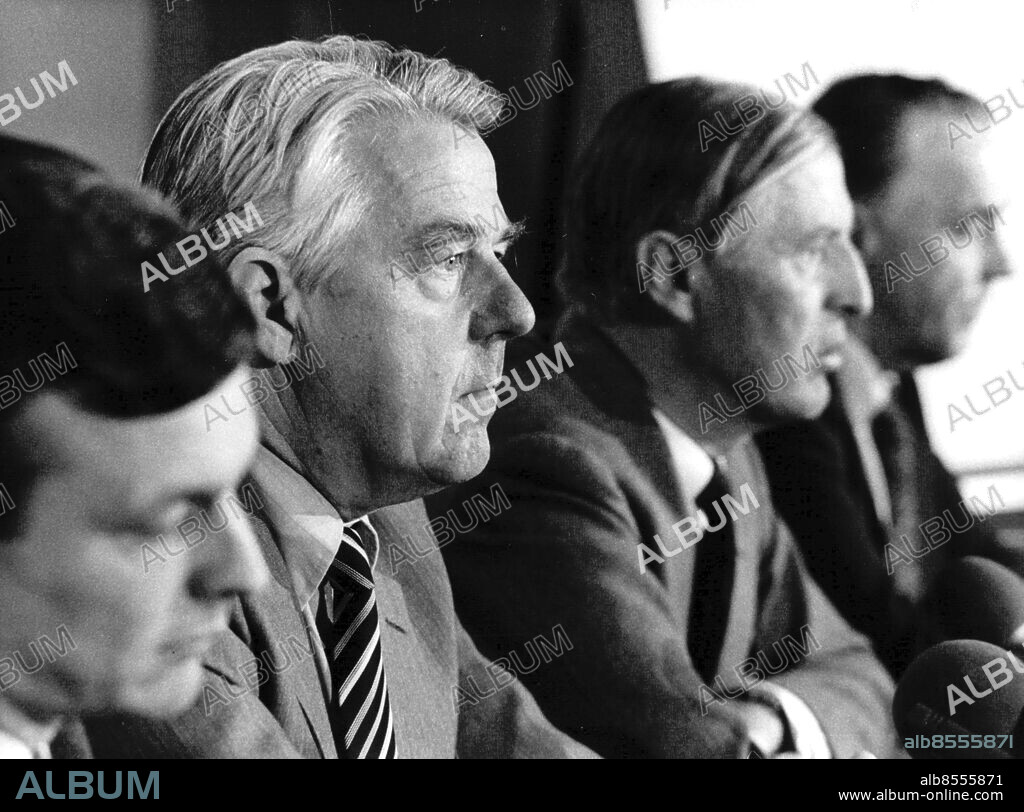 Stockholm 1980-07-03. Folke Rydbo, vd NCB vid en presskonferens tillsammans med Bengt Söderström, SPIAF, vd Folke Rydbo, styrelseordförande Rutger Martin Löf och Carl-Johan Eriksson, skogsägarna Matfors . Foto: Ragnhild Haarstad / SvD / TT / kod 12014.
