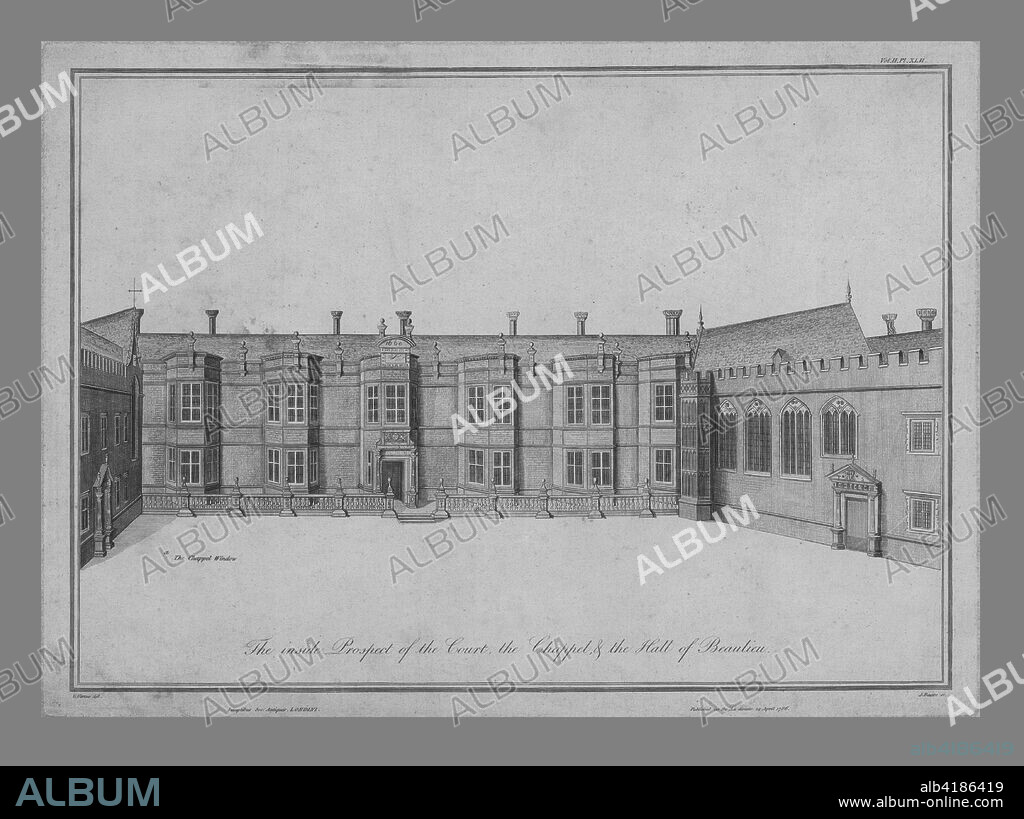 'The inside prospect of the Court, the Chappel and the Hall of Beaulieu', 1786. Courtyard of the Palace of Beaulieu in Boreham, Essex. A previous house on the site was known as New Hall. It was rebuilt c1520 by Henry VIII and named Beaulieu. The building later became New Hall School.