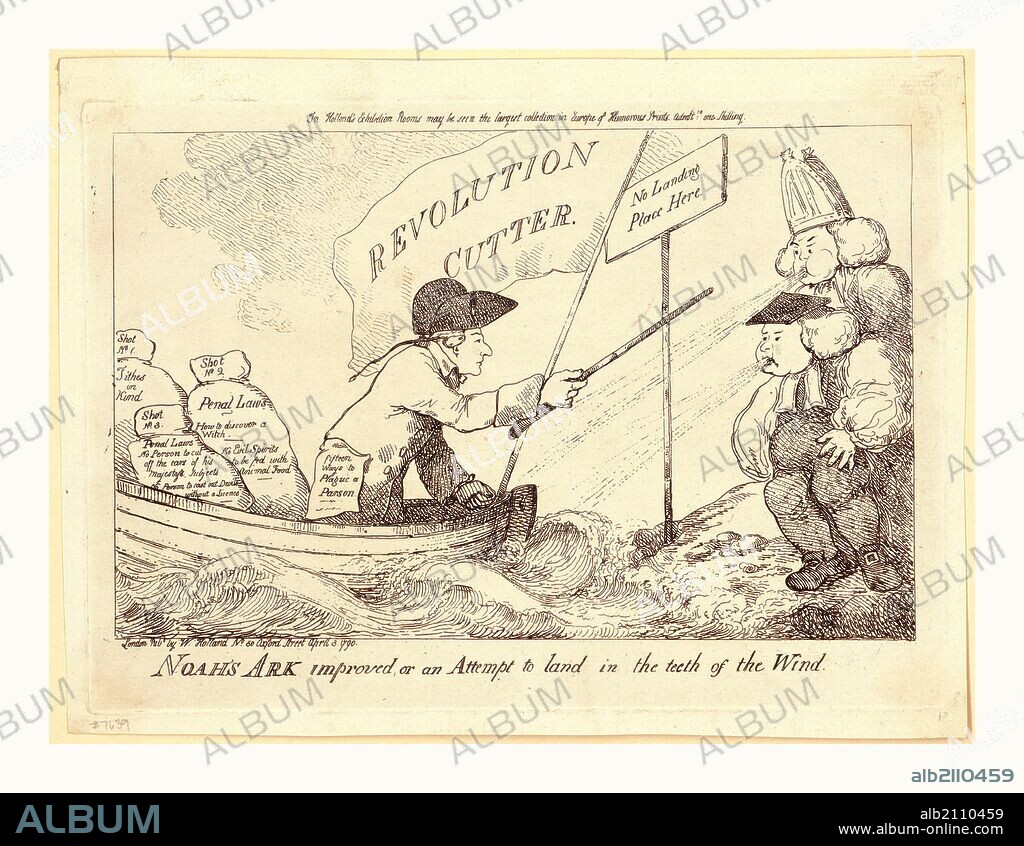 Noah's Ark improved, or an attempt to land in the teeth of the wind, Holland, William, active 1782-1817, en sanguine engraving 1790, British satire on Charles Stanhope's Toleration Bill of 1789 which was an attempt to remove the yoke of religious obligations on persons seeking public office (cf. Test and Corporation Acts). Despite the fact that a person seeking a position in the clergy was bound by the same obligations, the clergy was opposed to passage of Stanhope's bill, as is shown in this image in which two bishops, standing on shore, prevent Stanhope and his Ark, filled with three sacks bearing labels pertaining to the Penal Laws, from landing.