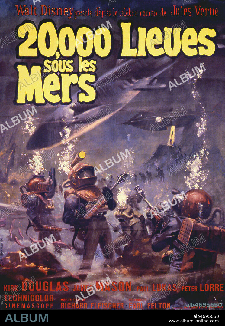 Affiche du film '20 000 lieues sous les mers' (Vingt Mille lieues sous les Mers ) realise en 1954 par Richard FLEISCHER (ne en 1916) d'apres le roman de Jules VERNE (1828-1905). Credit : Coll. Perron/KHARBINE-TAPABOR.
