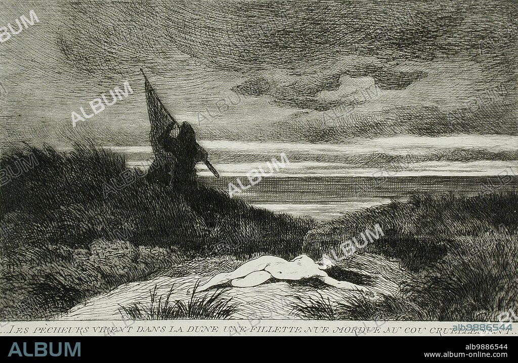 FéLICIEN ROPS. Le Werwolf. Inscription: Les pêcheurs virent dans la dune une fillette nue mordue au cou cruellement, 1867. Series: La Légende et les Aventures d'Uylenspiegel et de Lamme Goedzak.