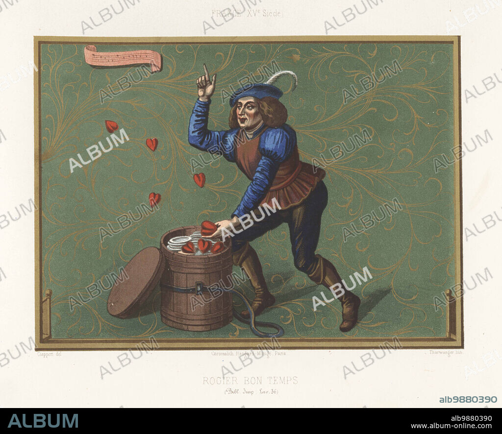 The fool Roger Bontemps locking his heart in a forgotten box. Rogier Bon Temps, France, 15th century. From Rene d'Anjou's Roman de tres-douce Mercy au Cuer d'amour epris, 1457, Bibliotheque Imperiale, Fonds de la Valliere MS 36. Chromolithograph by Thurwanger after an illustration by Claudius Joseph Ciappori from Charles Louandres Les Arts Somptuaires, The Sumptuary Arts, Hangard-Mauge, Paris, 1858.