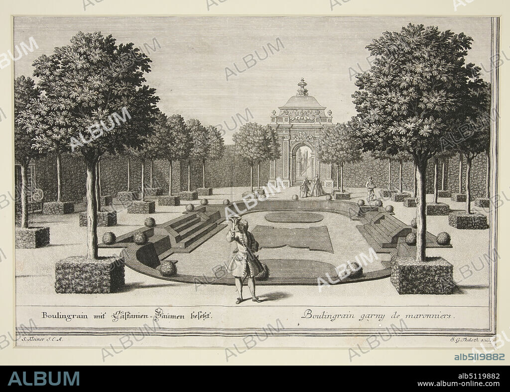 Artist: Jacob Gottlieb Thelot, German, 17081760, After: Salomon Kleiner, German, 17031761, Garden scene: Boulingraine mit Italien-Baeumen besetzt, Engraving, platemark: 24 × 34.9 cm (9 7/16 × 13 3/4in.), Made in Germany, German, 18th century, Works on Paper - Prints.