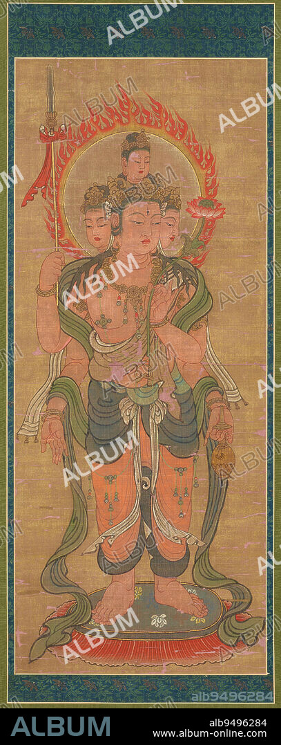 Bonten one of a set of Twelve Devas, 14th-15th century, Unknown Japanese, 38 x 15 1/2 in. (96.52 x 39.37 cm), Ink, color, gold, and cut gold leaf (kirikane) on silk, Japan, 14th-15th century, Bonten, or Brahma in Sanskrit, is the god of creation and serves as guardian of the zenith of the celestial sphere as one of the Twelve Devas.