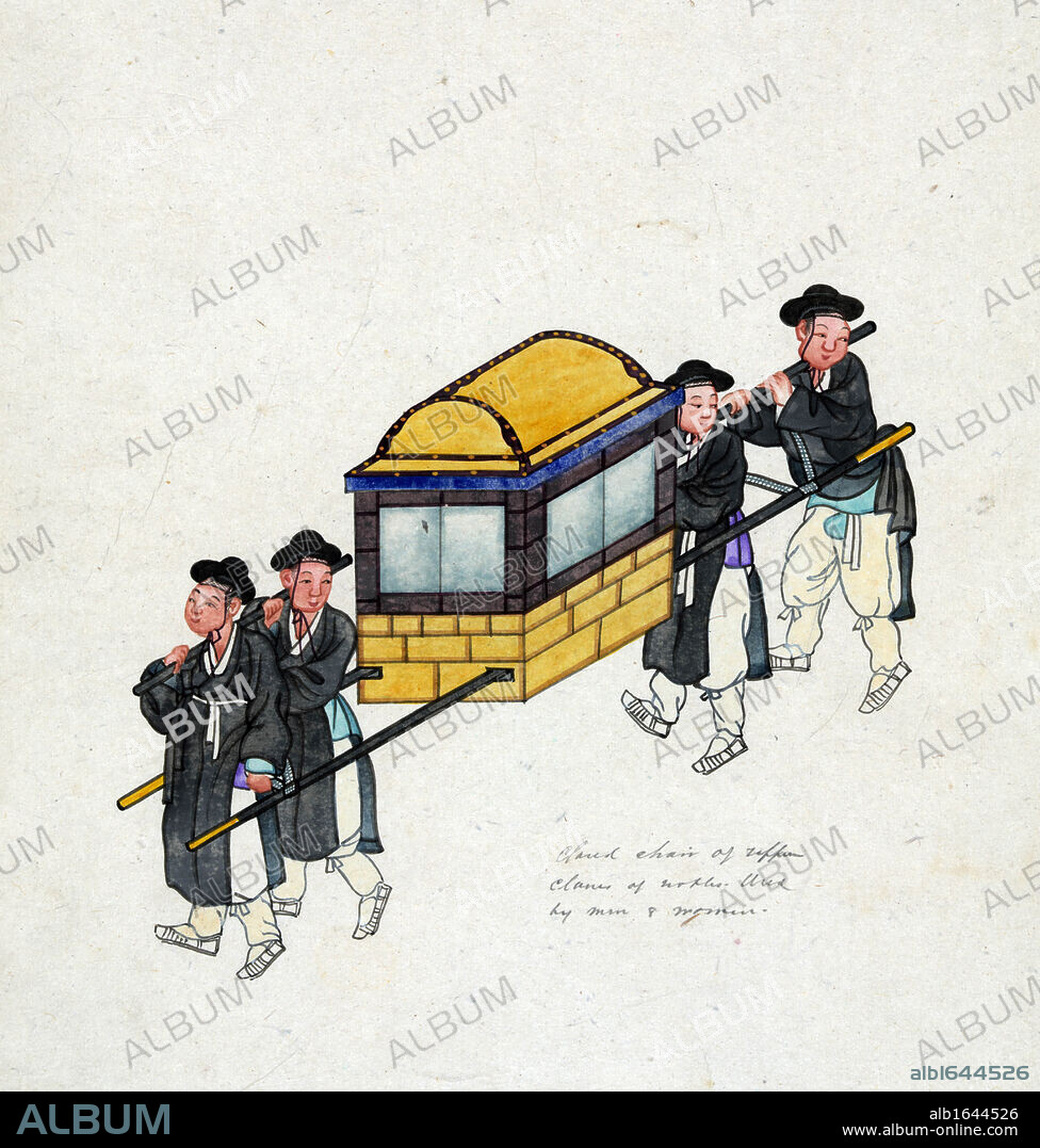 Korean Gama used by the privileged classes, a form of closed chair similar to a Palanquin, Litter or Sedan chair, carried by porters. Watercolour, c1890. Transport Power Manual Fashion Dress Traditional.