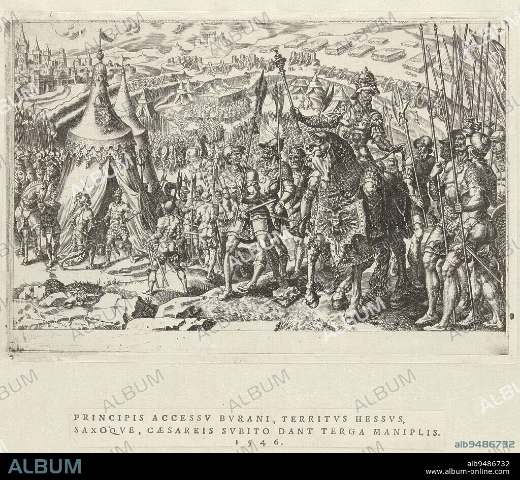Emperor Charles V inspects his troops at Ingolstadt (1546) and gives them encouragement. In the background, the Count of Buren arrives with his army at Charles V's tent. The print is part of a twelve-volume series on Charles V's victories., Imperial Camp at Ingolstadt, 1546 Victory of Charles V (series title) Divi Caroli. V. imp. opt. max. victoriae, ex multis praecipuae (series title), print maker: Dirck Volckertsz. Coornhert, Maarten van Heemskerck, publisher: Hieronymus Cock, print maker: Haarlem, Haarlem, publisher: Antwerp, 1555 - 1556, paper, etching, engraving, letterpress printing, h 155 mm × w 233 mm.
