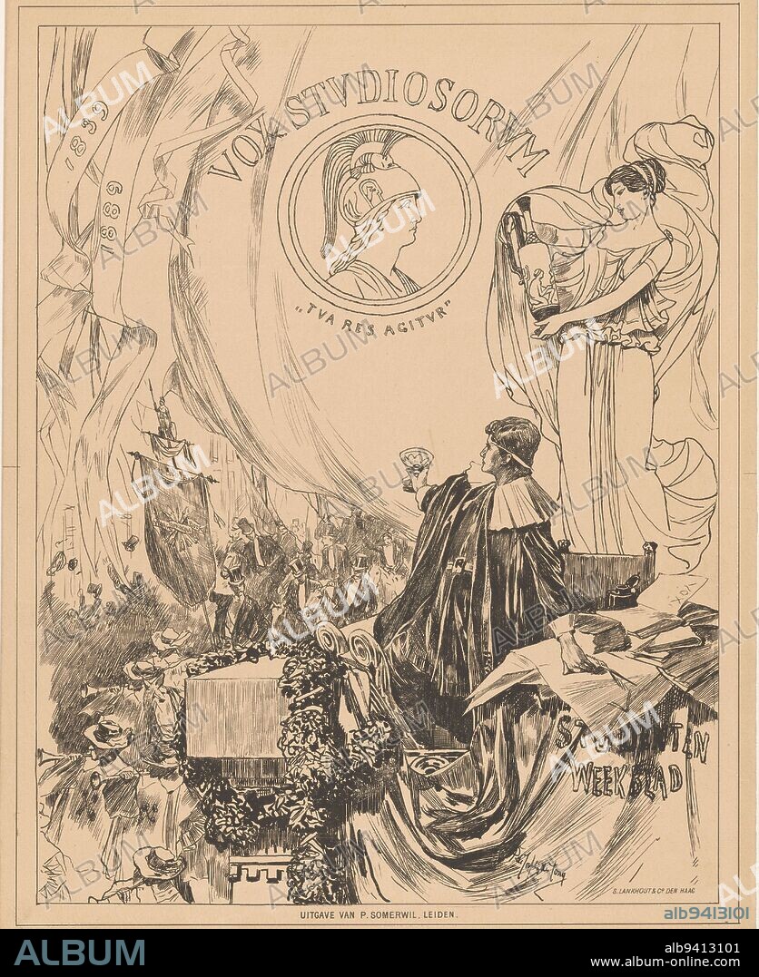 Commemorative magazine of Vox Studiosorum, on the occasion of the 50th anniversary of the Student Society Minerva in Leiden., print maker: Pieter de Josselin de Jong, (mentioned on object), printer: Samuel Lankhout & Co, (mentioned on object), publisher: P. Somerwil, (mentioned on object), printer: The Hague, publisher: Leiden, 1889, paper, h 483 mm × w 372 mm.