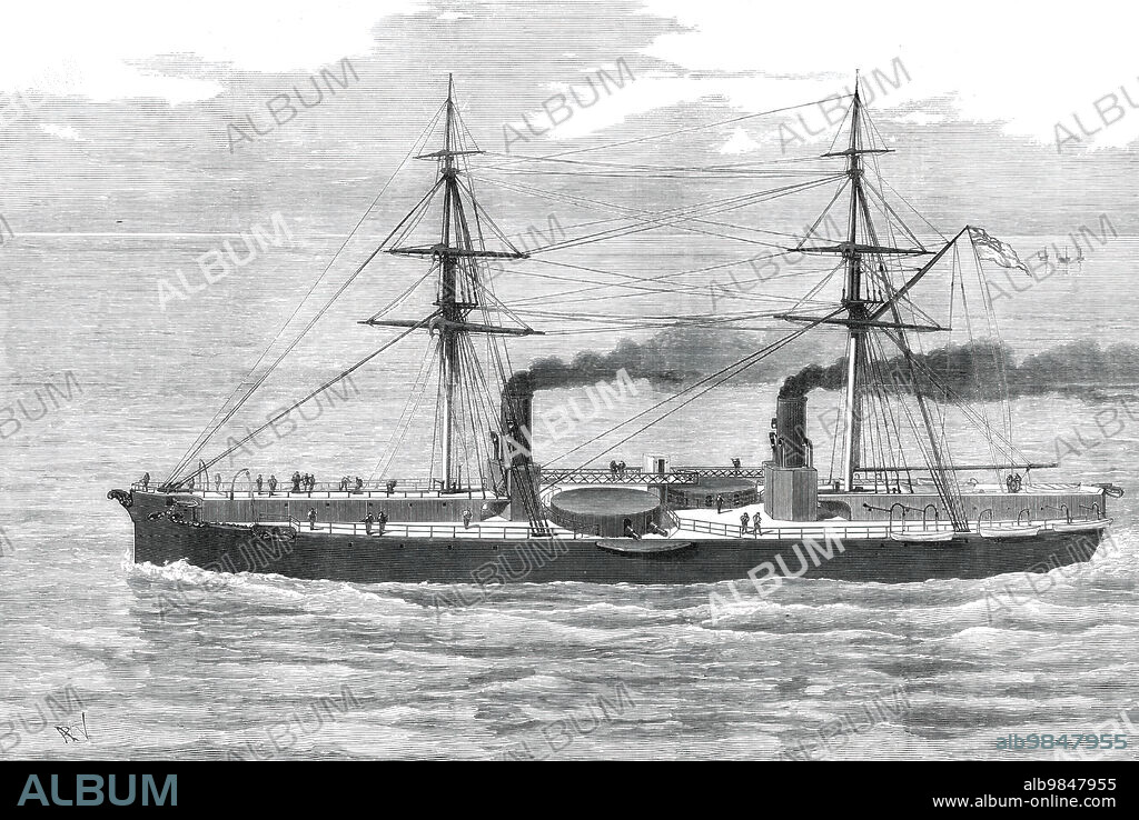 Our Ironclad Fleet: H.M.S. Inflexible, 1876. 'The Inflexible is the greatest result yet attained by our naval architects and Board of Admiralty...[at] an estimated first cost of £521,000...many novelties have been introduced...One of the most important is the castle which protects her guns...The castle...is so contrived as to provide the guns with a full command of the horizon, and at the same time to render a flying deck unnecessary, while it affords good accommodation for officers and men...The [iron] plating is in two thicknesses of 12 in. each...Thus a shell penetrating one of the sides of the Inflexible, would encounter first 12 in. of iron, then a thick mass of wood, then 12 in. more iron, and, finally, the ordinary backing...[She] was designed by Mr. N. Barnaby, Director of Naval Construction, and was built under the superintendence of Mr. W. B. Robinson, Chief Constructor...'. From "Illustrated London News", 1876.