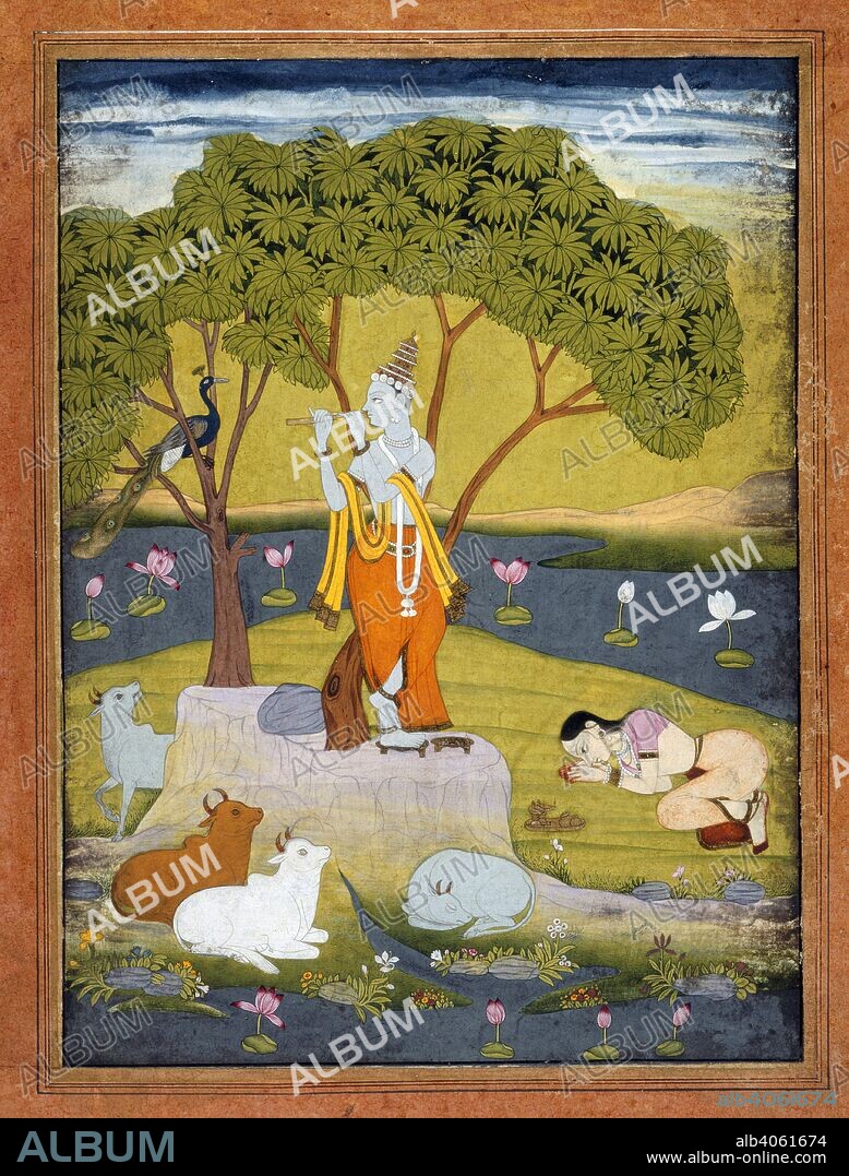 Krishna stands on a rock by a tree playing his flute to a peacock and some cattle. A gopi kneels in worship on the right. c.1770. Opaque watercolour. Source: J.45,39.