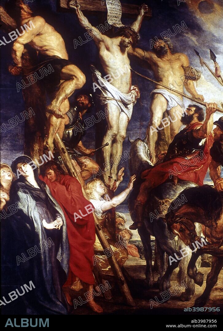 Le Coup de Lance', 1620. At the Crucifixion the soldier pierces Christ's side to make sure he is dead. At bottom right, the Virgin Mary and St John the Apostle turn aside in despair. From the Museum of Fine Art, Antwerp, Belgium,.