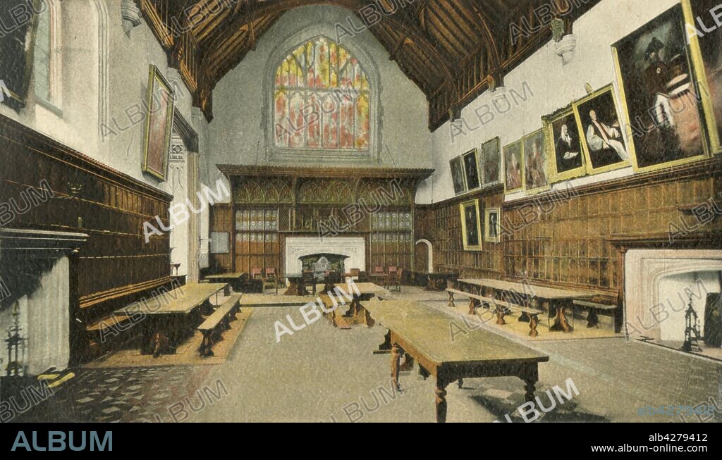 'The Dining Room, Eton College', 1910. Interior view of College Hall, built between 1441 and 1460, at Eton College near Windsor in Berkshire. The school was founded in 1440 by King Henry VI. Postcard. [F.G. O. Stuart].