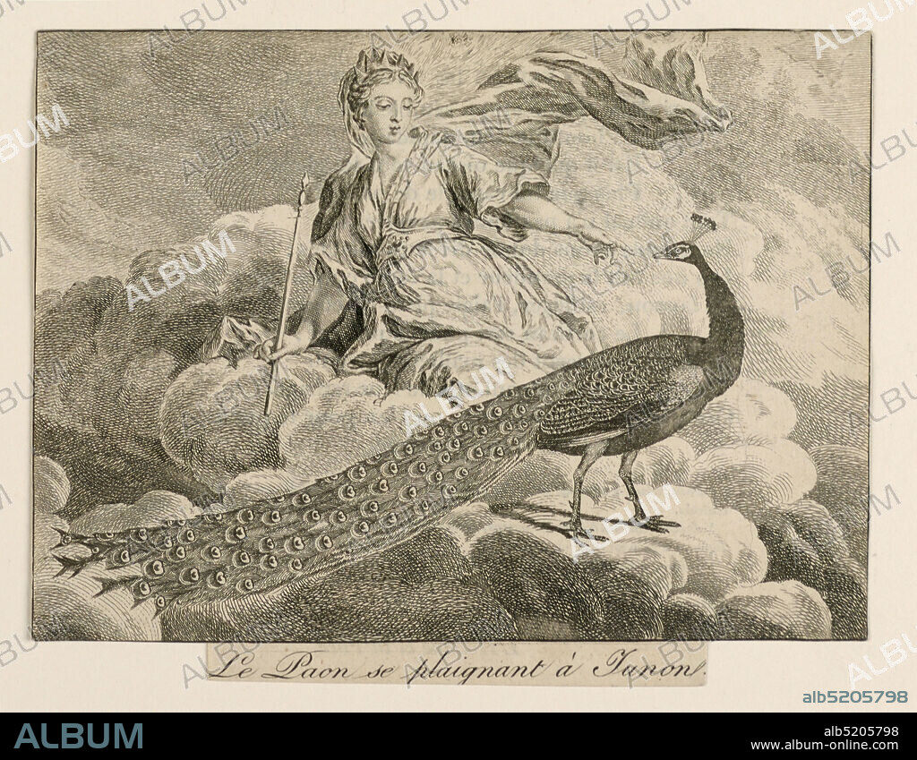 'Le Paon se plaignant à Junon' from La Fontaine's Fables, Black ink on white paper, Horizontal rectangle. Scene from La Fontaine's fable, showing Juno seated on a bank of clouds, hand out-stretched toward a peacock., France, ca. 17701800, Engraving, Engraving.