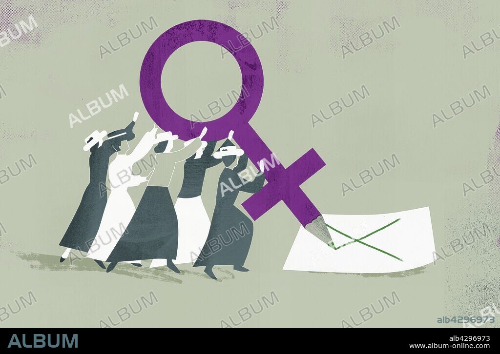 Suffragettes voting with large female gender symbol pencil.