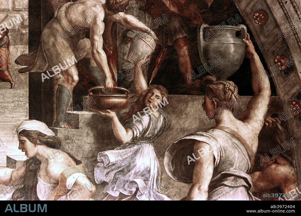 'The Fire in the Borgo' (detail), 1514. This fresco in the Vatican depicts a fire which broke out in the Borgo in Rome in 847. The blaze is said to have been contained by the benediction of Pope Leo IV.