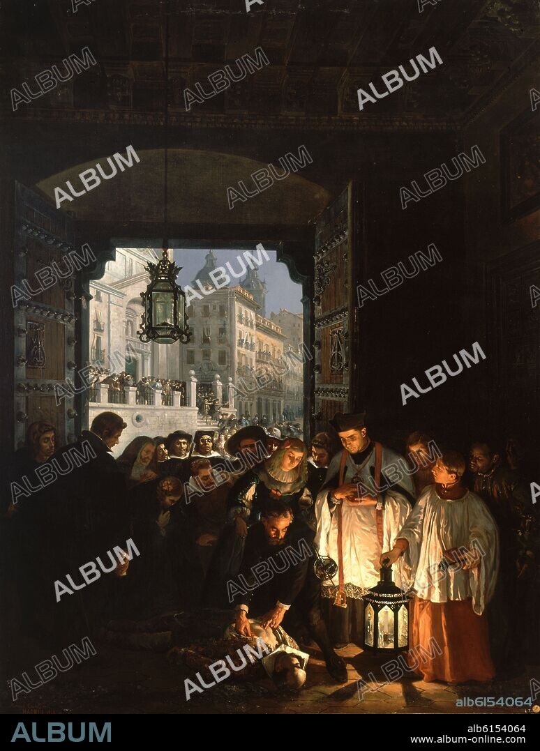 MANUEL CASTELLANO (1826-1880). MUERTE DEL CONDE DE VILLAMEDIANA-ASESINADO EN LA CALLE MAYOR DE MADRID EN 1622-PINTURA 1888.
