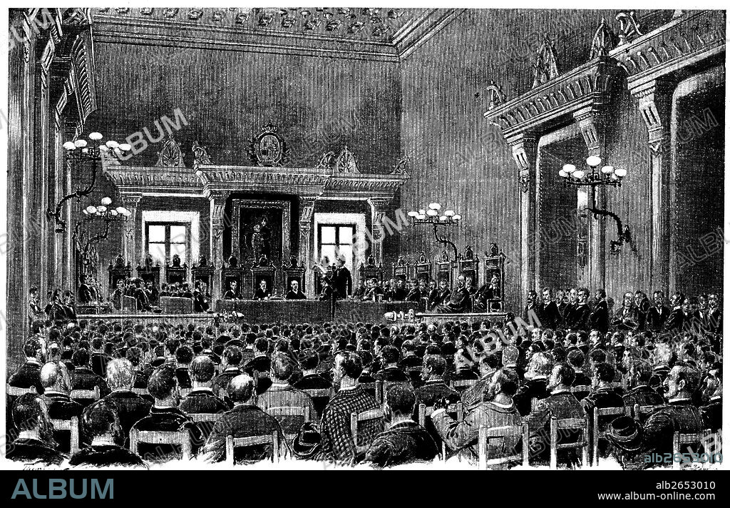 JAUME PAHISSA LAPORTA. Catalunya. Bases de Manresa. Asamblea de la Unión Catalanista en la sala de sesiones del ayuntamiento de Manresa el 15 de abril de 1892. Grabado de 1892.