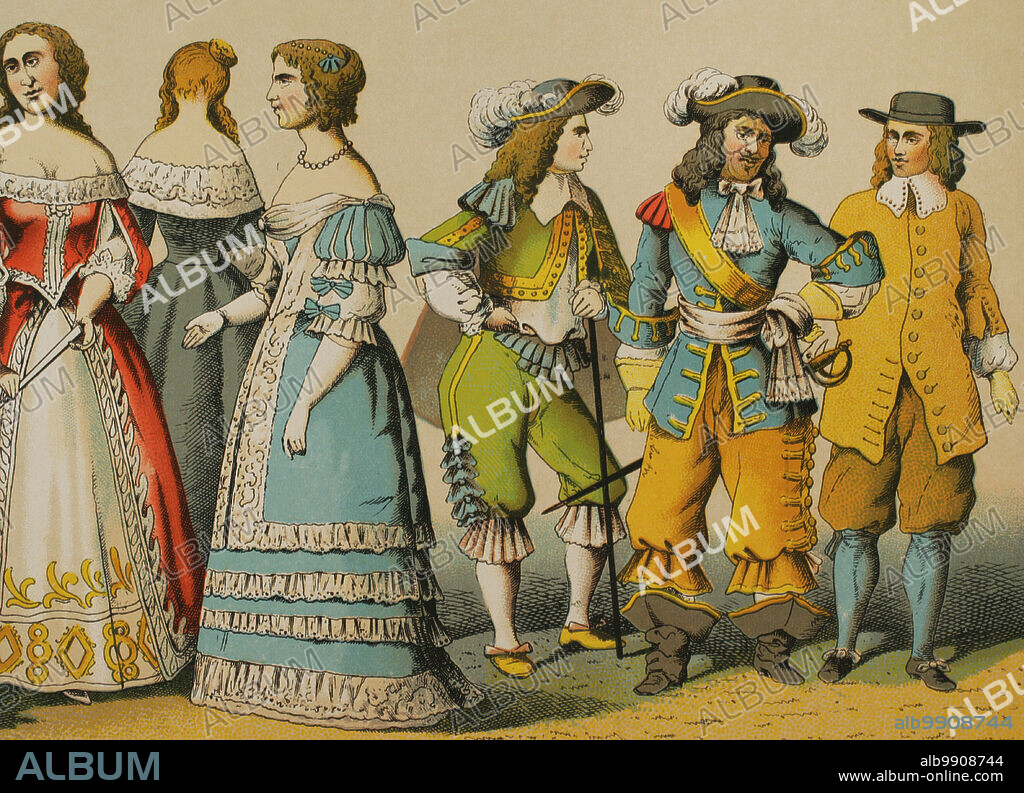 Historia de Francia. 1600-1670. De derecha a izquierda, 1: mercader, 2: soldado, 3: caballero, 4-5-6: señoras de la nobleza. Cromolitografía. "Historia Universal", por César Cantú. Tomo VIII, 1881.