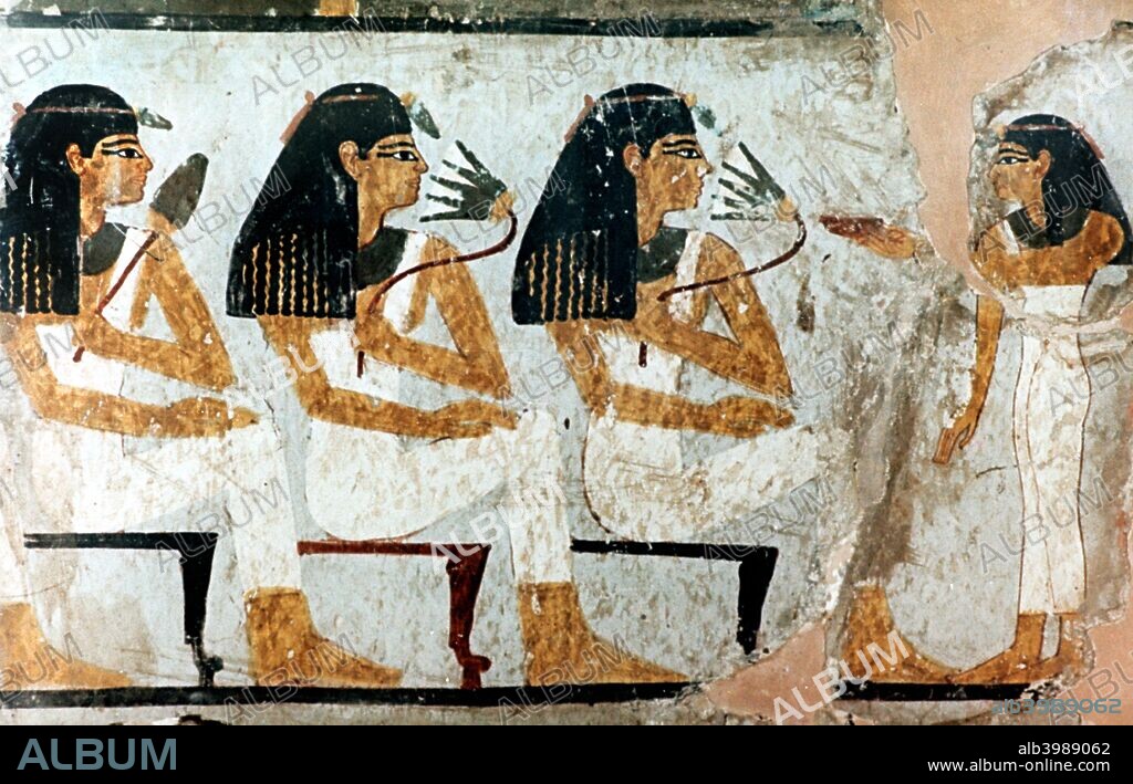 Women with Flowers and Lotus, 18th Dynasty. Fragment of wall painting in Egyptian tomb, Egypt Museum, Berlin.