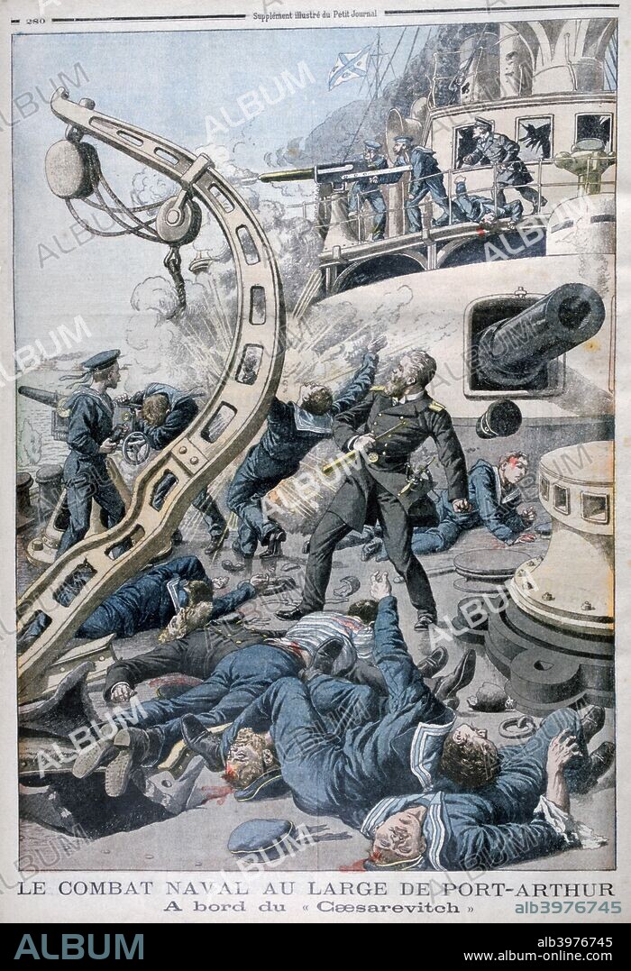Explosion on board the Russian battleship 'Tsesarevich', Battle of the Yellow Sea, 10th August 1904. A naval battle during the Russo-Japanese War. The 'Tsesarevich' was the flagship of Admiral Wilgelm Vitgeft, who was among those who lost their lives when the bridge of the ship was hit by a 12 inch shell. An illustration from Le Petit Journal, 28th August 1904.