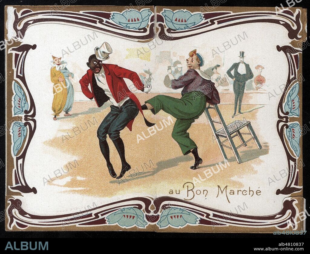 Les clowns FOOTIT (1864-1921) et CHOCOLAT (1868-1917) dans leur numero N'eveillez pas le chat qui dort. Chromo publicitaire a systeme pour le Bon Marche vers 1900. Credit Collection IM/Kharbine-Tapabor.