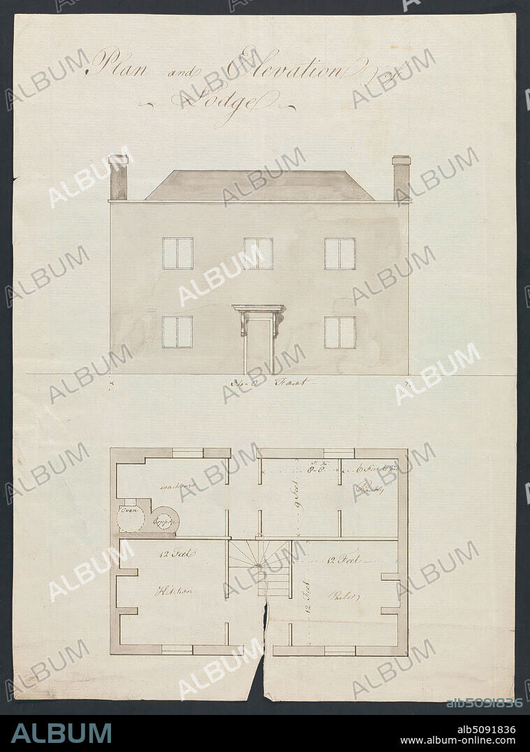 Cobham Hall, Kent: Plan and Elevation of Lodge, James Wyatt, 17461813, British, ca. 1790, Graphite, pen and brown ink and brown wash on moderately thick, moderately textured, cream laid paper, Sheet: 11 7/8 × 8 5/8 inches (30.2 × 21.9 cm), architectural subject, chimneys (lighting device components), doorframes, doors, elevations (drawings), kitchens, ovens, pantries, parlors, plans (drawings), roofs, stairs, washhouses, windows.