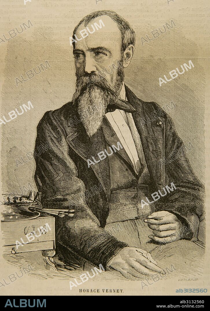 HORACE VERNET (1789-1863). Pintor francés de batallas y estilo orientalista árabe. Retrato. Grabado de Marta Berguer. L'Univers Illustré, 1862.