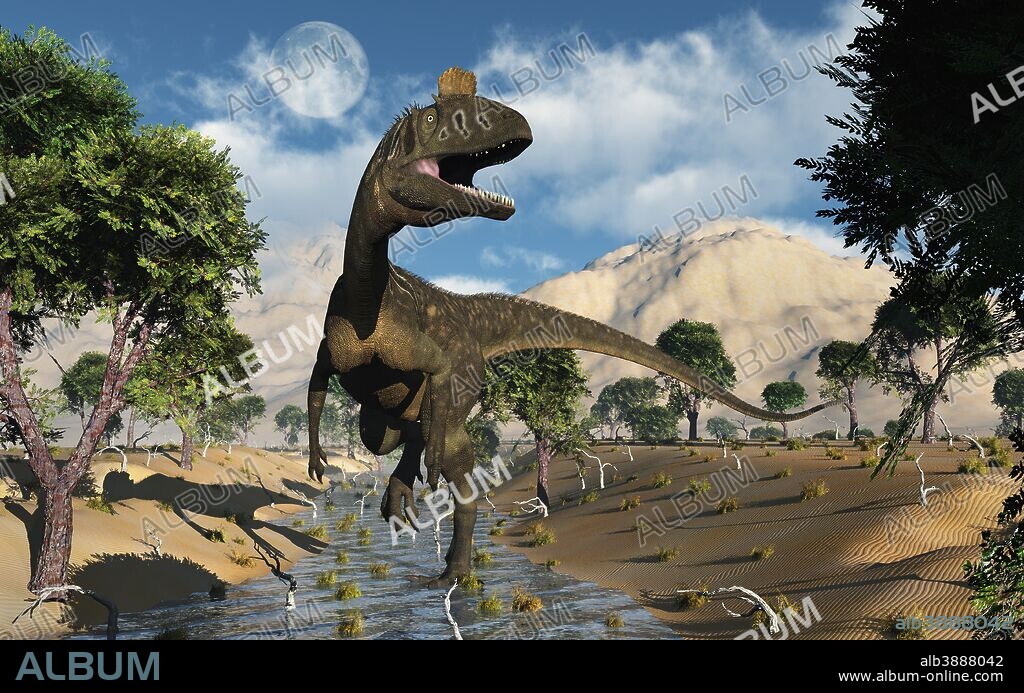 A carnivorous Cryolophosaurus dinosaur walking along a stream during the Jurassic period.