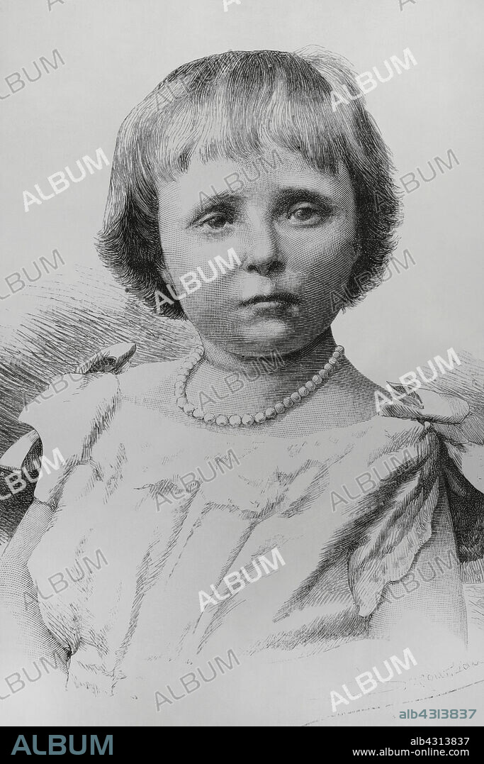 María de las Mercedes de Borbón y Habsburgo-Lorena (1880-1904). Infanta de España y princesa de Asturias durante toda su vida. Hija primogénita de Alfonso XII (1857-1885) y de María Cristina de Habsburgo-Lorena (1858-1929). Retrato. Grabado. La Ilustración Española y Americana, 22 de abril de 1884.