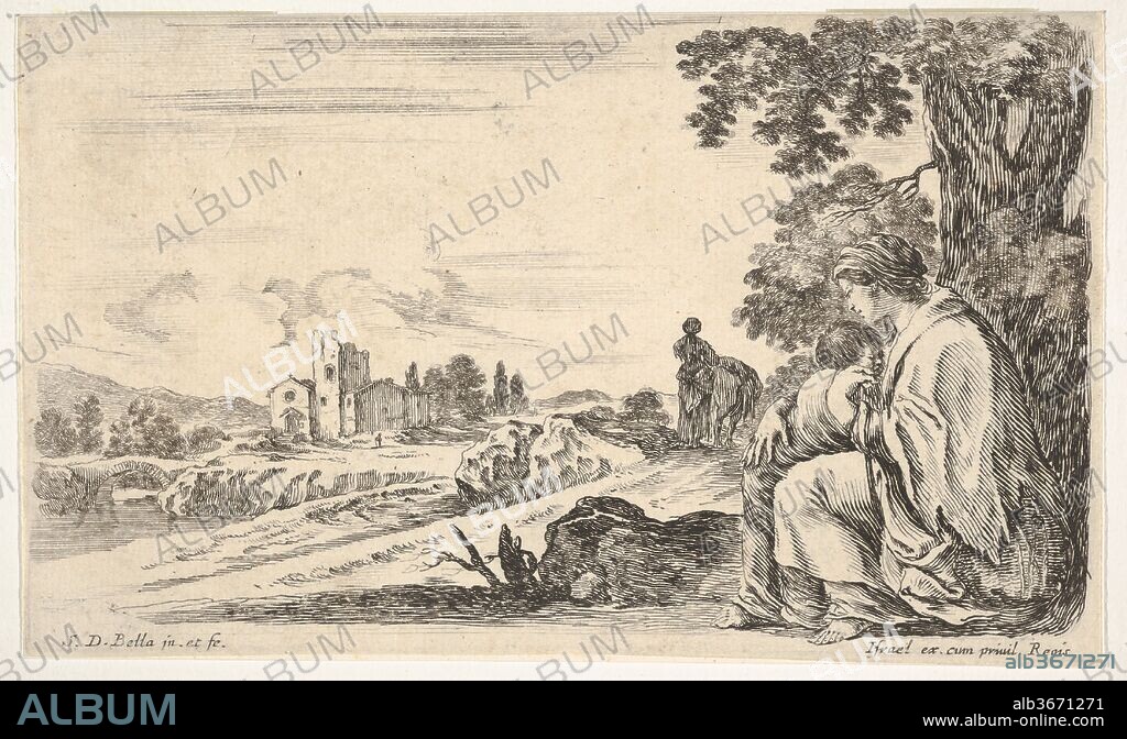 A peasant woman facing left in profile nurses a baby under a tree at right, a woman, seen from behind, walking next to a donkey in the middle ground, a church and bridge to left in background, from 'Various figures and lands' (Diverse figure e paesi). Artist: Stefano della Bella (Italian, Florence 1610-1664 Florence). Dimensions: Sheet: 3 11/16 x 6 1/8 in. (9.3 x 15.6 cm). Publisher: Israël Henriet (French, Nancy ca. 1590-1661 Paris). Series/Portfolio: 'Various figures and lands' (Diverse figure e paesi). Date: 1649.
