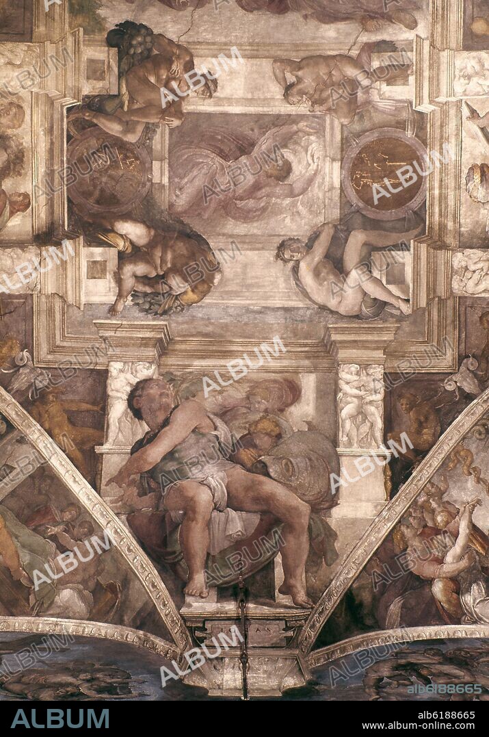MIGUEL ANGEL. CREACION DE LA LUZ  Y PROFETA JONAS REMATANDO EL JUICIO FINAL- FRESCOS DEL TECHO DE LA CAPILLA SIXTINA- 1508/1512.