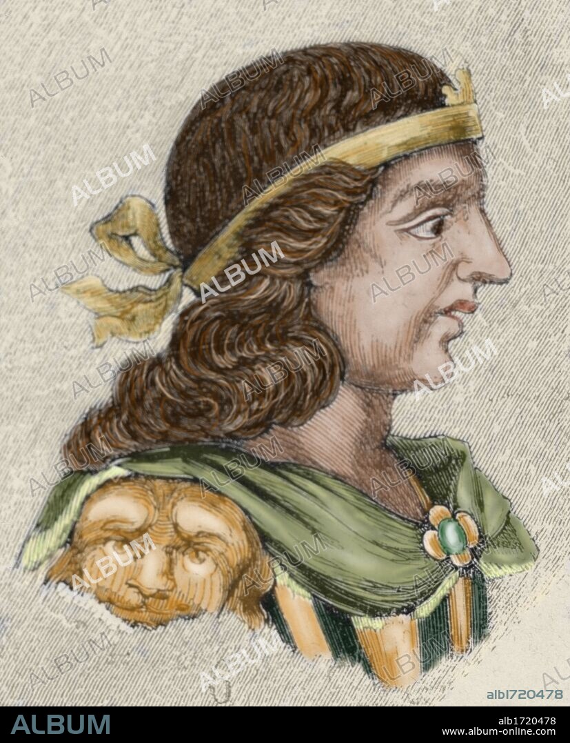 LIUVA II. Rey visigodo (601 a 603). Sucesor e hijo de Recaredo I. Fue muerto por uno de sus generales, llamado Witerico, en el año 603. Grabado coloreado.
