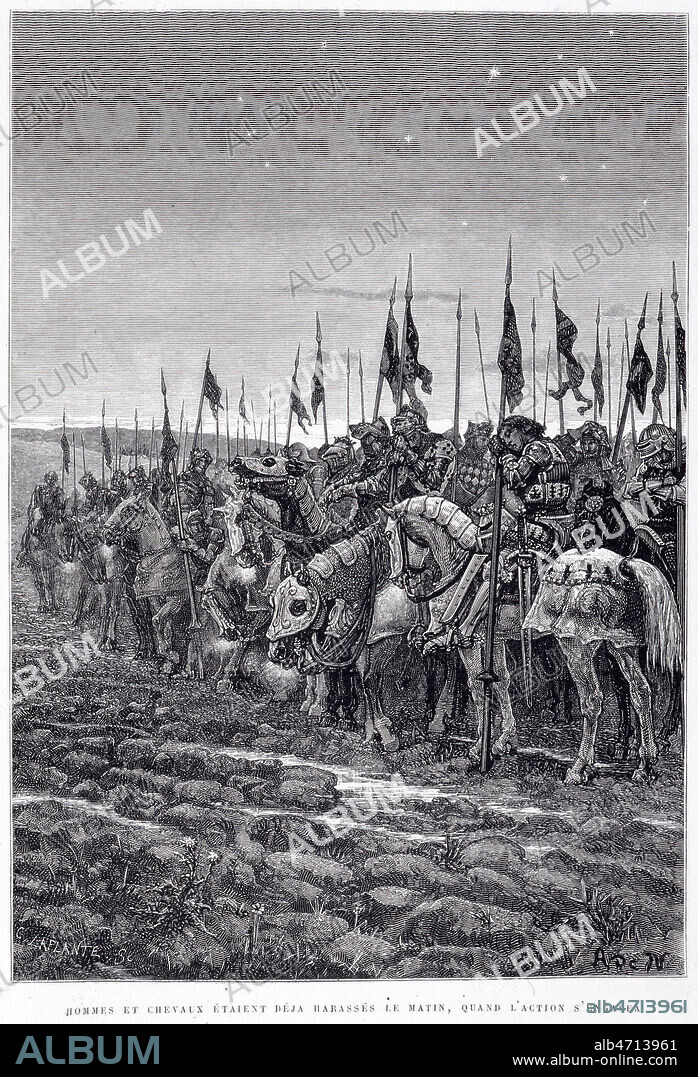'Hommes et chevaux etaient deja harasses le matin, quand l'action s'engagea' : bataille d'Azincourt en 1415. Gravure par DE NEUVILLE (1835-1885) tiree de l'Histoire de France par GUIZOT (1787-874), en 1873. Credit : Collection Jonas/KHARBINE-TAPABOR.