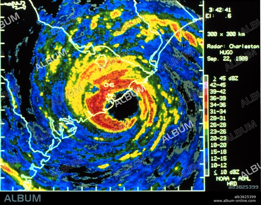 Digitized Charleston WSR-57 radar image of Hugo with superimposed winds. Real-time winds measured onboard NOAA research aircraft flying into Hugo. Wind velocity transmitted to NHC through a satellite link as eyewall hit coast. Sustained winds of 155 mph at 10,000 feet and 135 mph at surface. Higher gusts were estimated in area of landfall. 1989. Hurricane Hugo was a classical, destructive and rare Cape Verde-type hurricane which struck the Caribbean islands of Guadeloupe, Montserrat, St. Croix, Puerto Rico and the USA mainland in South Carolina as a Category 4 hurricane during September of the 1989 Atlantic hurricane season. Hurricane Hugo caused 34 fatalities (most by electrocution or drowning) in the Caribbean and 27 in South Carolina, left nearly 100,000 homeless, and resulted in $9 billion (1999 USD, $15.9 billion 2011 USD) in damage overall, making it the most damaging hurricane ever recorded at that particular time (surpassed by Andrew 3 years later).