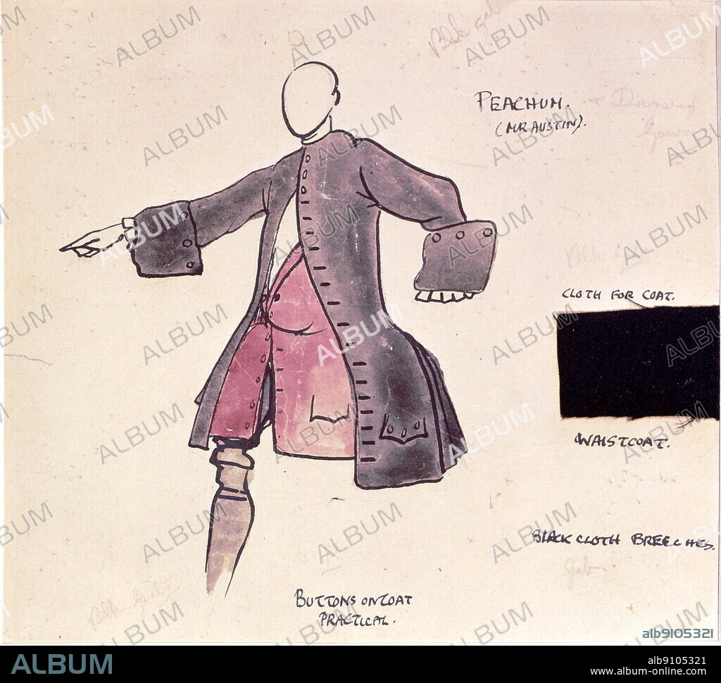 1921, Peachum costume design by Claud Lovatt Fraser (1890-1921), (an artist and designer) for The Beggar's Opera, based on the production at the Lyric Theatre (Hammersmith, London), in 1920. The Beggar's Opera by John Gay, 1921. John Gay (1685-1732) was an English poet and dramatist. He is best remembered for The Beggar's Opera (1728), set to music by Johann Christoph Pepusch. The characters, including Captain Macheath and Polly Peachum, became household names.