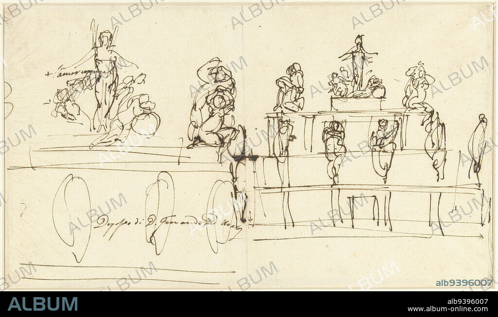 Design for the funerary monument of Fernando d'Avalos, draughtsman: Ferdinando Fuga, (possibly), 1709 - 1781, paper, pen, h 208 mm × w 363 mm.