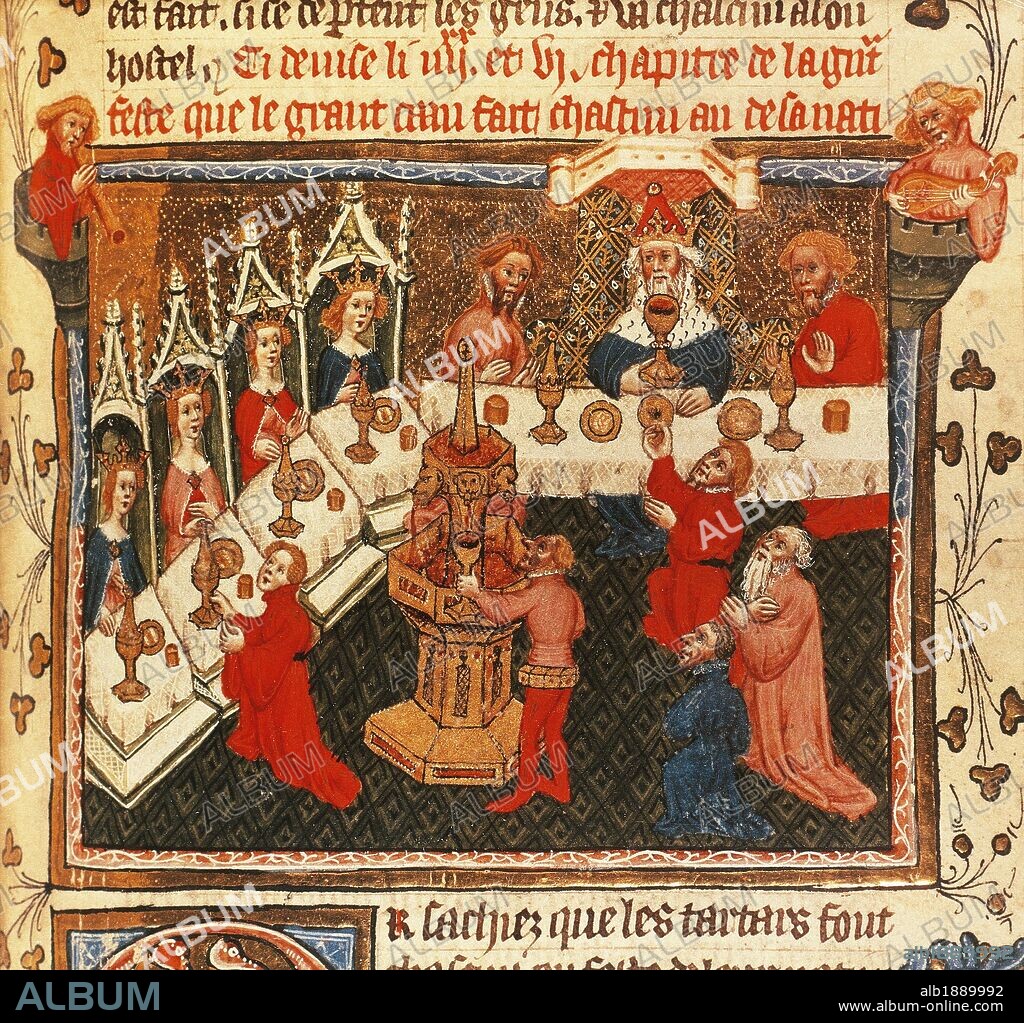 Banquet to celebrate Kublai Khan's birthday, miniature from Livre des merveilles du monde (Book of the Wonders of the World) by Marco Polo and Rustichello, France 15th Century.