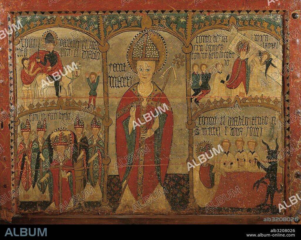 ARTE GOTICO. ESPAÑA. SIGLO XIV. FRONTAL DEL ALTAR DE BINEFAR. Pintura al temple sobre madera. Tamaño: 101 x 135 x 5 cm. Fechada hacia la segunda mitad del siglo XIV. Pieza procedente de Binéfar (Huesca). Museo Diocesano y Comarcal de Solsona. Cataluña.