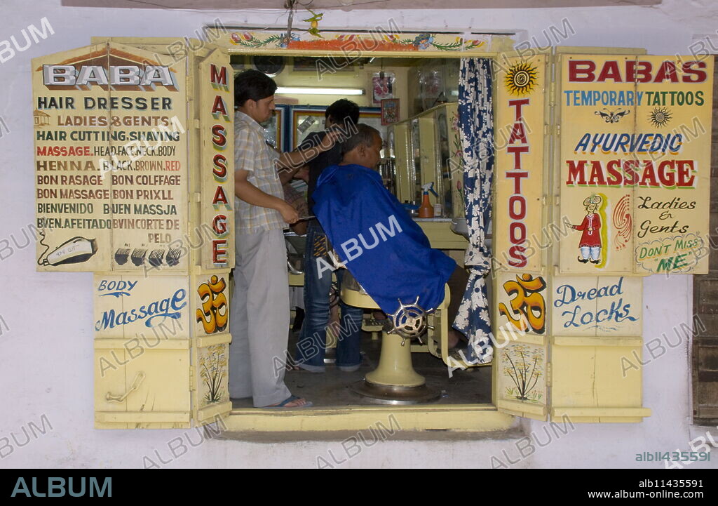 An old barber's shop in Pushkar, Rajasthan, India, Asia.