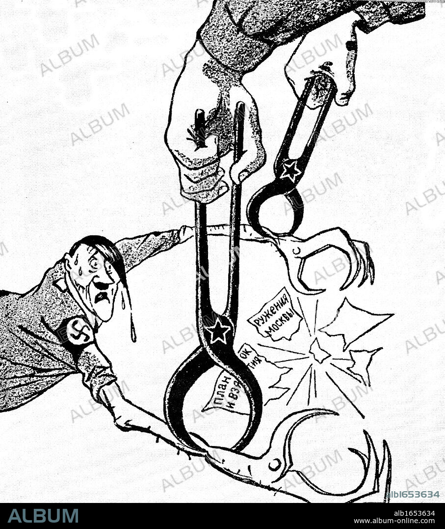 World War II: Operation Barbarossa, German invasion of USSR, launched June 1941. Russian cartoon, c1942, showing that Soviet pincers could stop Hitler's own pincer movements planned to grasp Russian territory.