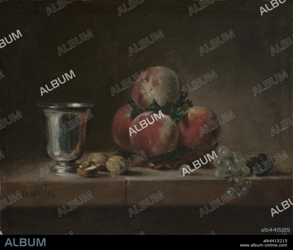Still Life with Peaches, a Silver Goblet, Grapes, and Walnuts, Jean-Siméon Chardin (French, 1699 - 1779), about 1759 - 1760, Oil on canvas, 38.1 × 46.7 cm (15 × 18 3/8 in.).
