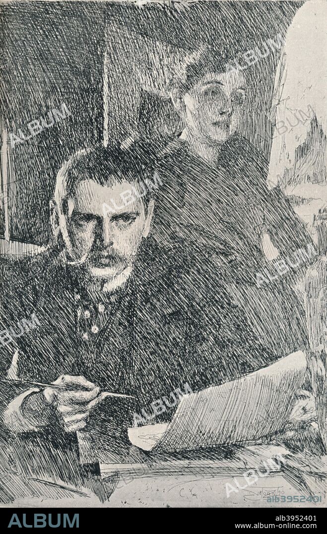 Mr. and Mrs. Zorn, 1890. A self portrait of the artist Anders Leonard Zorn (1860-1920) and his wife Emma Amalia Zorn (1860-1942). After an etching by Anders Leonard Zorn (1860-1920). From The Studio Volume Twelve by [London Offices of the Studio V, London, 1898].