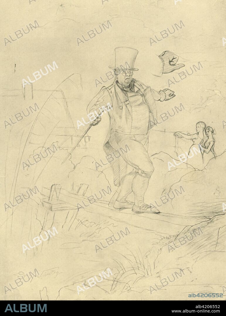 'Schwierige Passage', mid-late 19th century, (c1924). A difficult crossing - man in top hat balancing on a narrow wooden bridge over a stream. From "Die gute alte Zeit: Zeichnungen von Karl Spitzweg", (The Good Old Days: drawings by Karl Spitzweg). [Benjamin Harz, Berlin-Vienna, c1924].