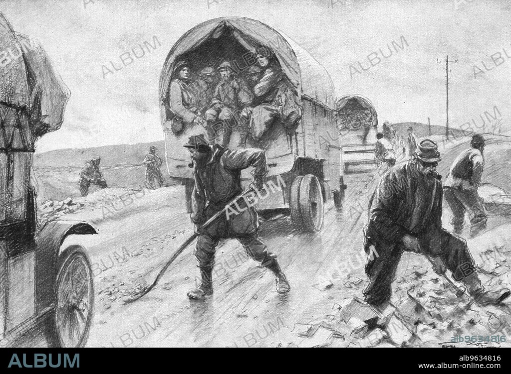 GEORGES BERTIN SCOTT. ''A L'arriere de Verdun; Sur la route de Bar a Verdun, le passage continu des convois, d'une importance qui atteignit jusqu'a 6000 camions par 24 heures', 1916. From "L'Album de la Guerre 1914-1919, Volume I" [L'Illustration, Paris, 1924].