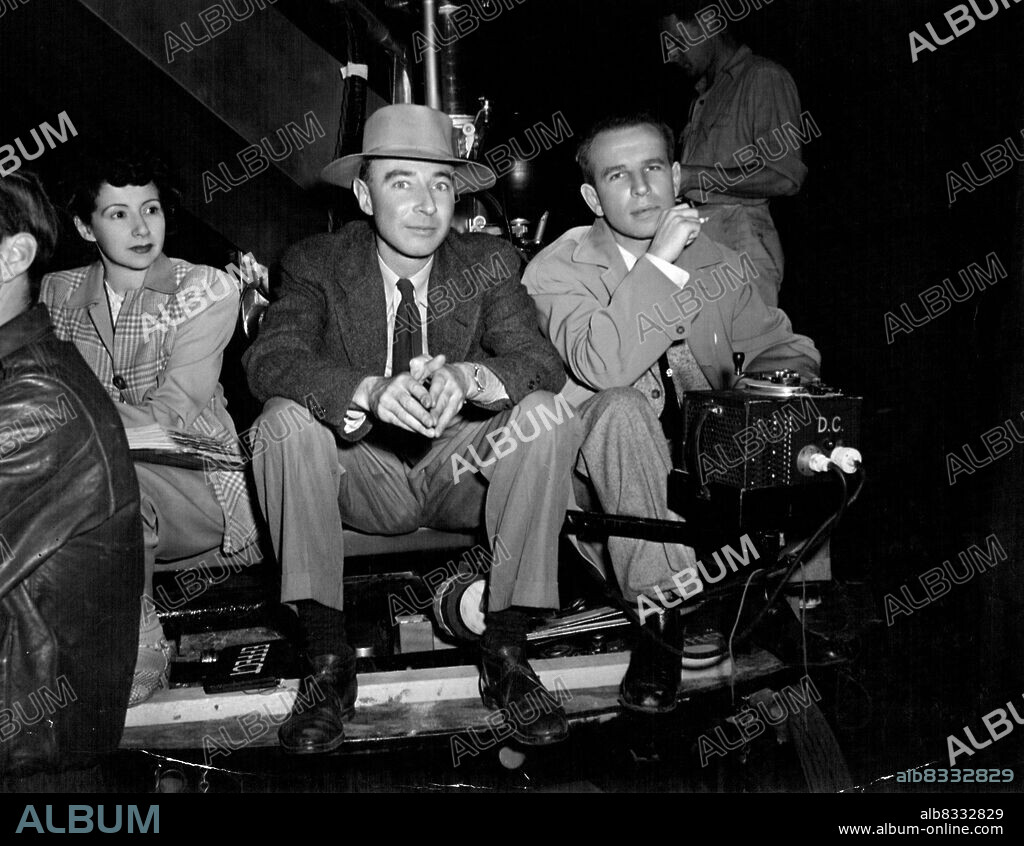 Famed Scientist ...A second atomic leader, Dr. J. Robert Oppenheimer, left, met Actor Hume Cronyn, who  depicts in the film,  and watched Cronyn enact a dramatic scenefollowing the Hew Mexico bomb test,. Dr. Oppenheimer , the brilliant University of California physicist, supervised vast atomic research at Los Alamos, New Mexico, and directed the test. Atomic Experts Visit Hollywood....During the filming of Metro-Goldwyn-Mayers "The Beginning or the End" dramatic story of the atom bomb, atomic experts from all parts of the country evinced an interest in the film.June 4, 1953.